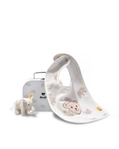 Geschenkset Elefäntle mit Rassel und Latz